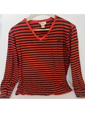 Vintage Diesel Y2K Striped V-Neck Long Sleeve Top Women’s Size S Slim Fit. H